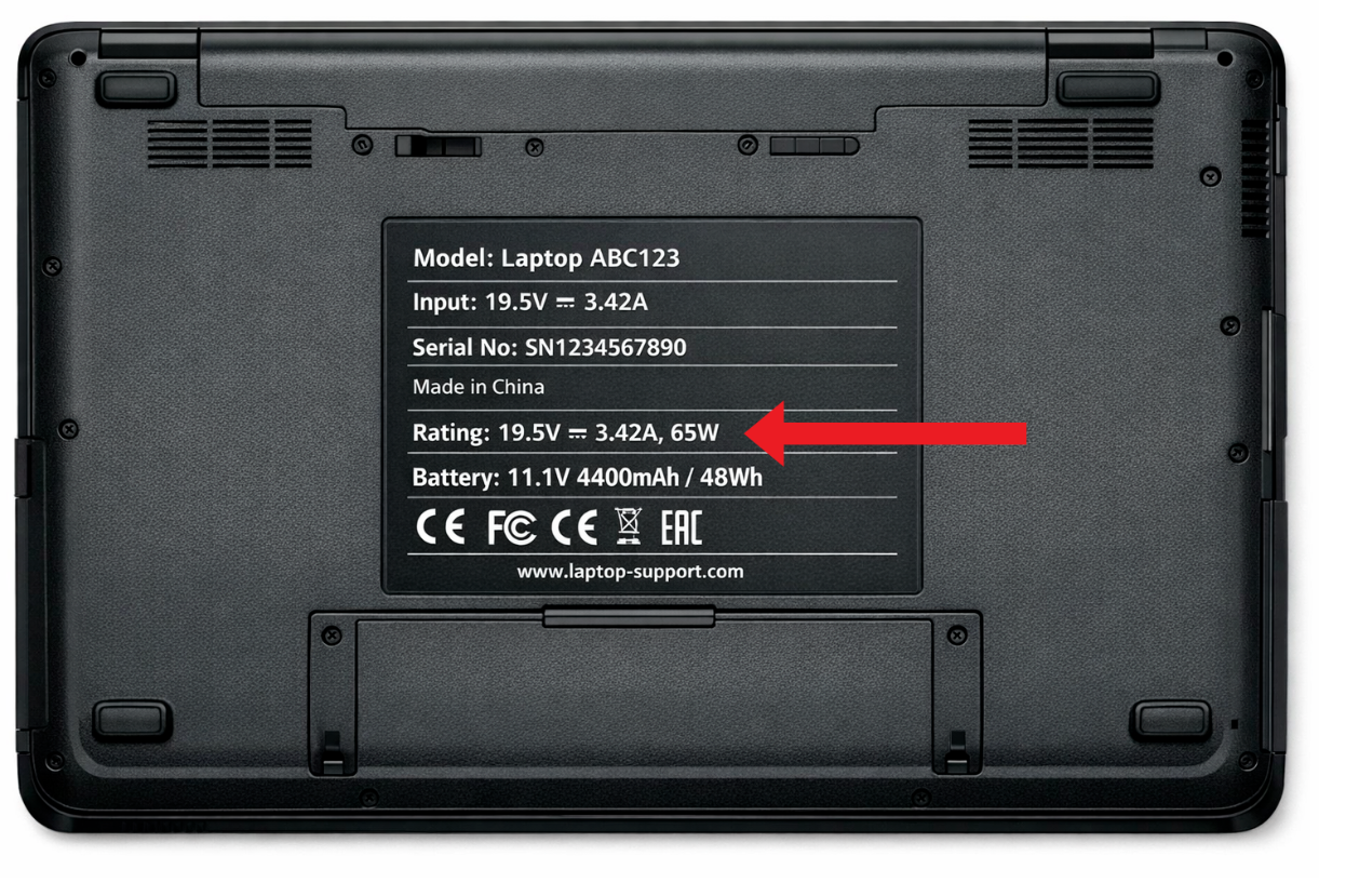 Laptop mærkat med OUTPUT-specifikationer