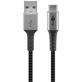USB-A 2.0 til USB-C lade- og datakabel, tekstil, sort/grå, 2m