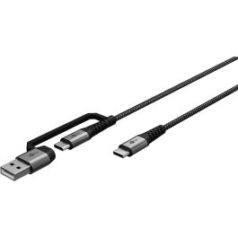 USB-C/USB-A 2.0 til USB-C lade- og datakabel, tekstil, sort/grå, 3m