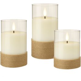 LED Vokslys i glas m/ bevægelig flamme & timer, 3 stk.