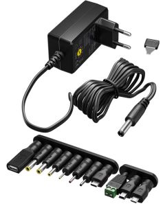 3-12V Universal strømforsyning Max 1,5A inkl. 11 adaptere (7 DC adaptere + 3 USB + 1 skrueterminal)