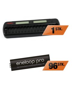 Japcell BC-1600 oplader + 96 stk. eneloop Pro AA LR06 genopladelige batterier (500 cycles)