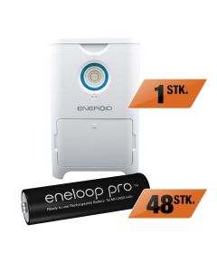 Kontorpakke med Eneroid lader til AA batterier 2-i-1 oplader - Inkl. 48 eneloop Pro batterier