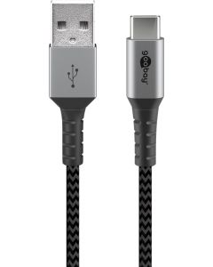 USB-A 2.0 til USB-C lade- og datakabel, tekstil, sort/grå, 2m