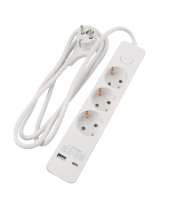 Stikdåse 3 udtag Schuko, med 2 x USB, 1,5m