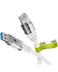 Goobay USB-A 3.0 til RJ45 Ethernet kabel, tekstil, hvid, 7,5m