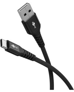 USB-A 2.0 til USB-C lade- og datakabel, tekstil, sort, 2m