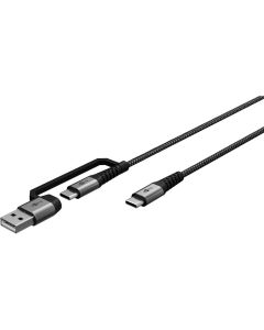 USB-C 2.0 til USB-C/USB-A adapterkabel, tekstil, sort/grå, 1m
