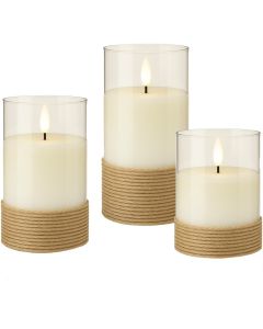 LED Vokslys i glas m/ bevægelig flamme & timer, 3 stk.