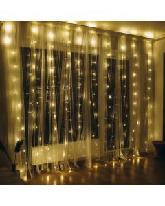 Gardinlys med 300 led, varm hvid, inkl. fjernbetjening, 3x3m.