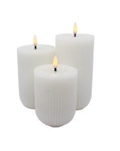 Riflede LED bloklys i voks m/ 3D flamme, 3 stk. - Hvid