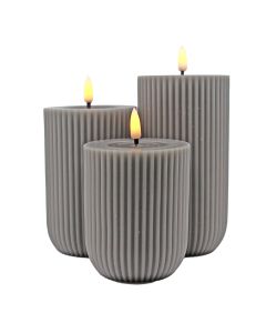 Riflede LED bloklys i voks m/ 3D flamme, 3 stk. - Grå