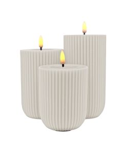 Riflede LED bloklys i voks m/ 3D flamme, 3 stk. - Whisper white