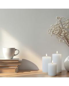 LED bloklys i voks m/ 3D flamme & fjernbetjening, 3 stk. - Hvid
