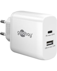 Goobay USB-C PD GaN Dual hurtigoplader 65W (USB-A/USB-C), Hvid