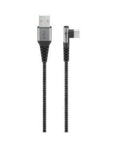 USB-A 2.0 til USB-C lade- og datakabel, tekstil, sort/grå, vinklet, 2m