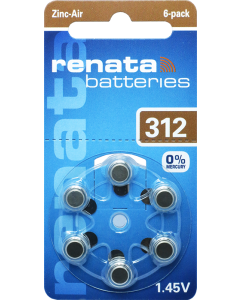 Renata ZA312 (6 stk.) Høreapparatbatterier - 0 % kviksølv