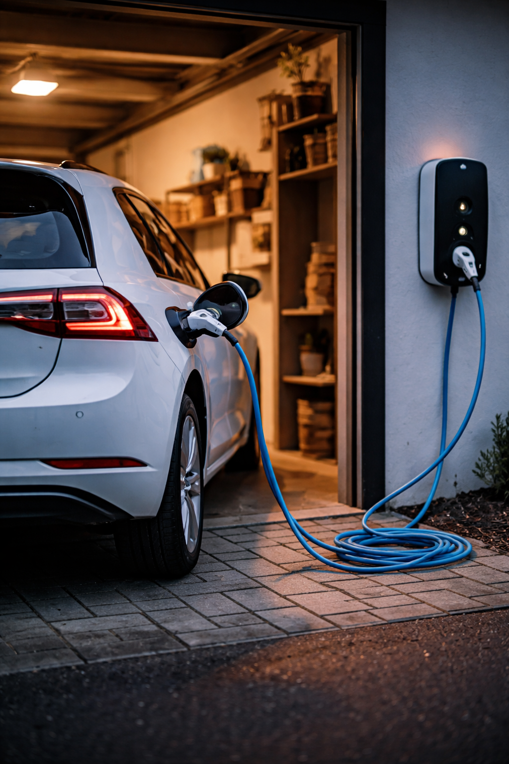 Elbil der lader ved ladeboks i garage