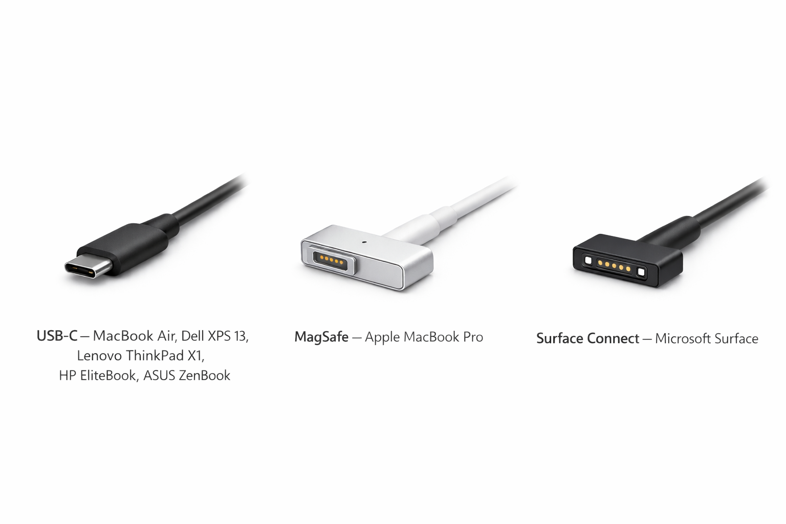 USB-C, MagSafe og Surface Connect stik til laptops